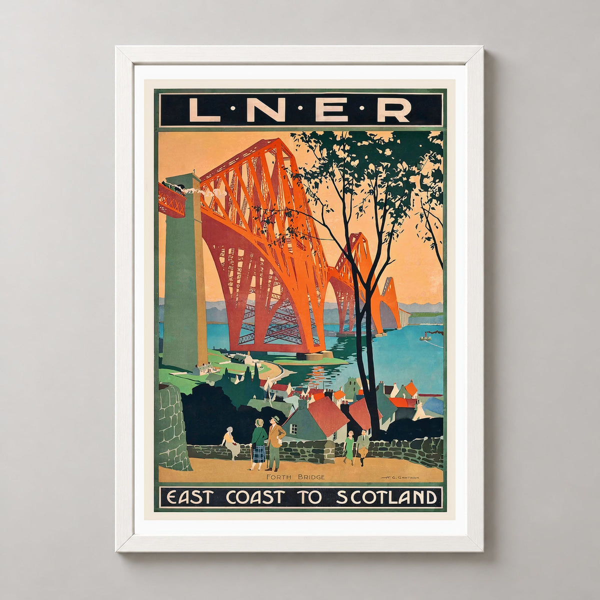 Forth Bridge East Coast to Scotland Vintage Travel Poster — realistic white frame studio view
