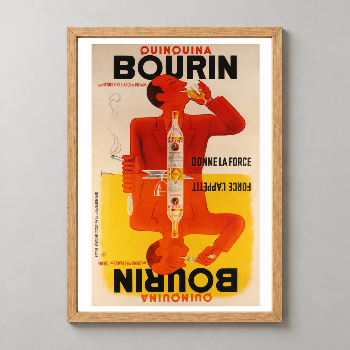 Quinquina Bourin Vintage Advertising Poster — realistic natural wood frame studio view