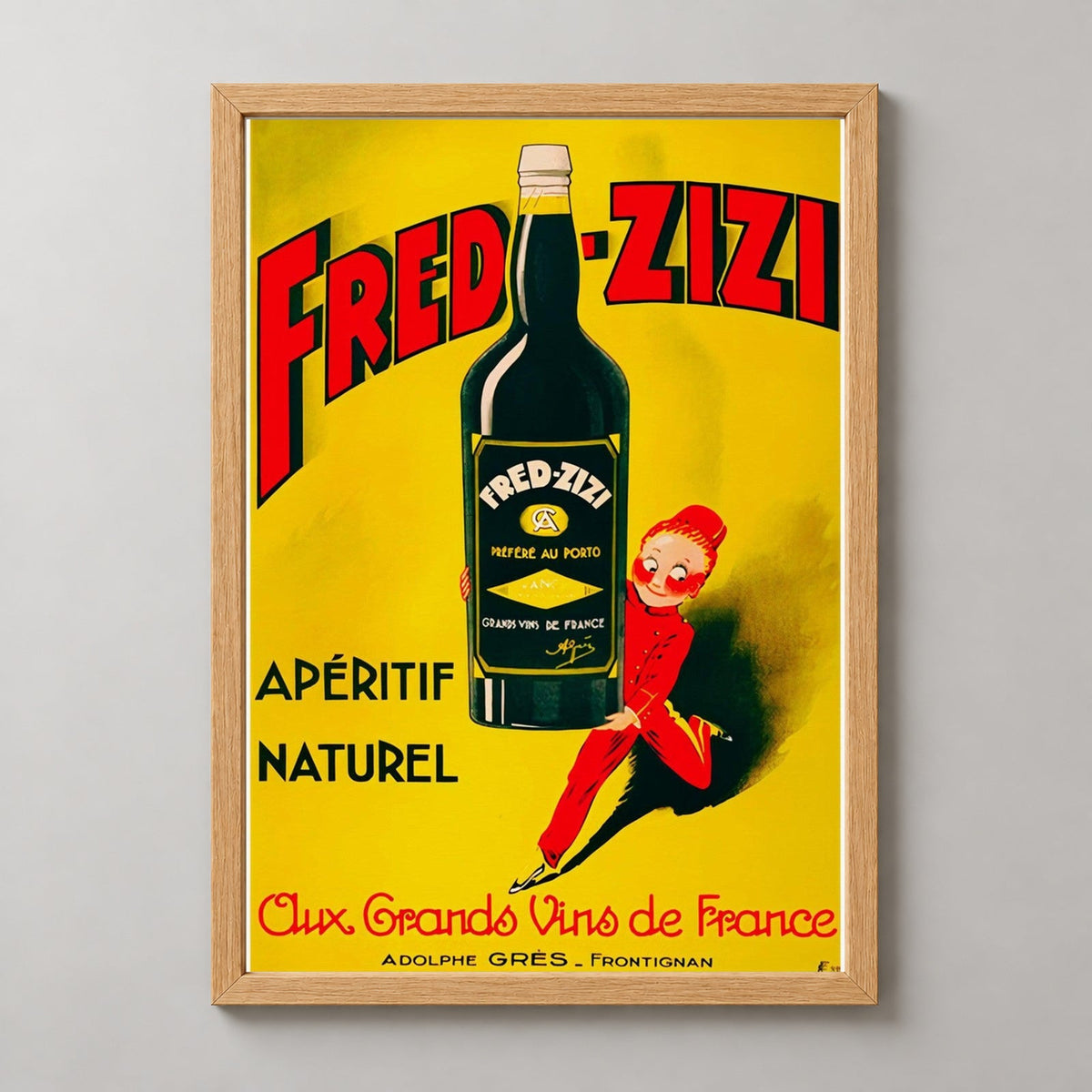 Fred Zizi Apertif Vintage Advertising Poster (1932) — realistic natural wood frame studio view