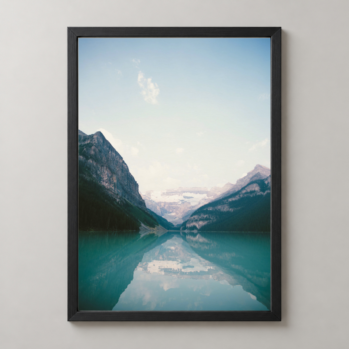 Majestic Mountain Lake Reflection - Serene Nature Photography Print — realistic black frame studio view