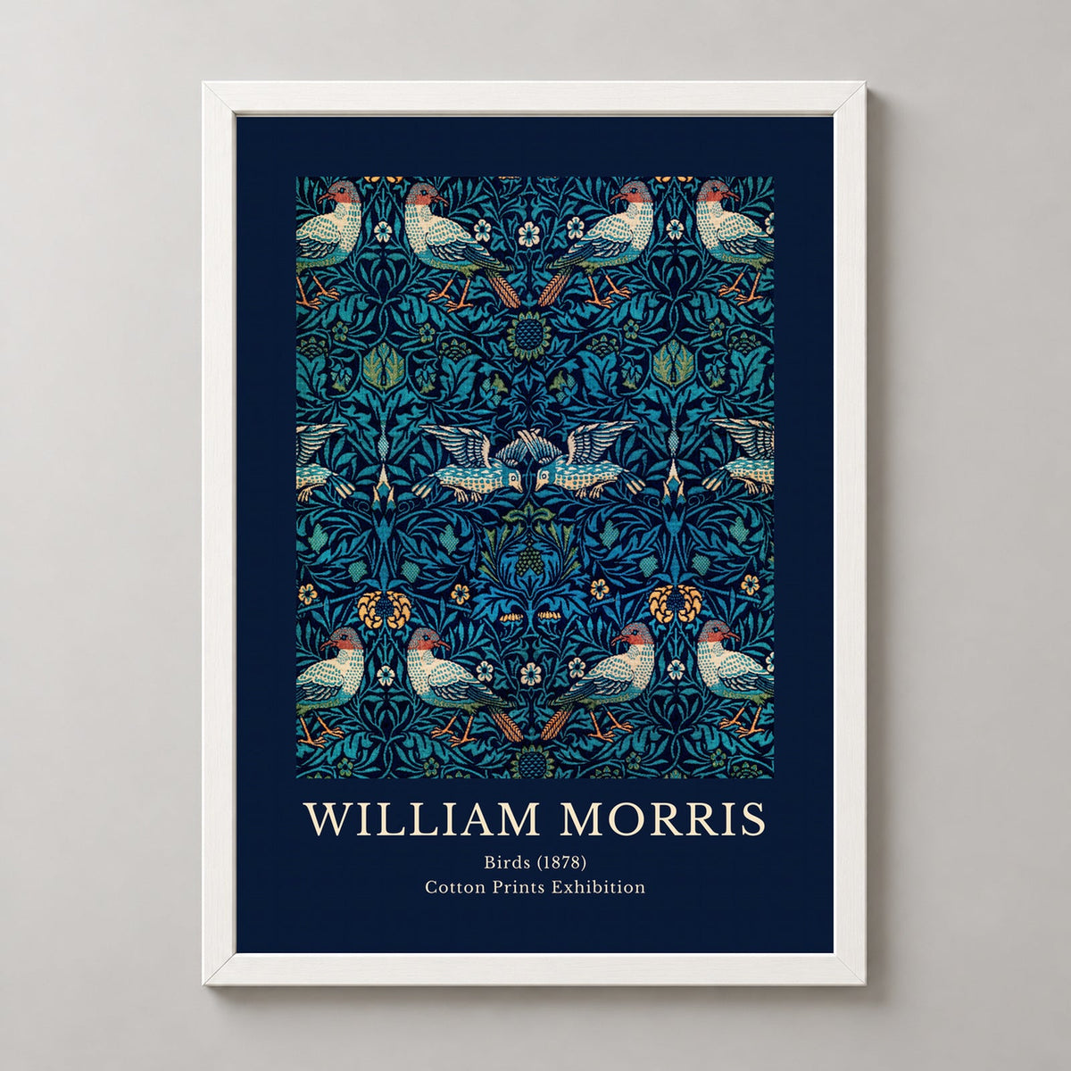 William Morris - Cotton Prints Exhibition, Birds (1878) — realistic white frame studio view