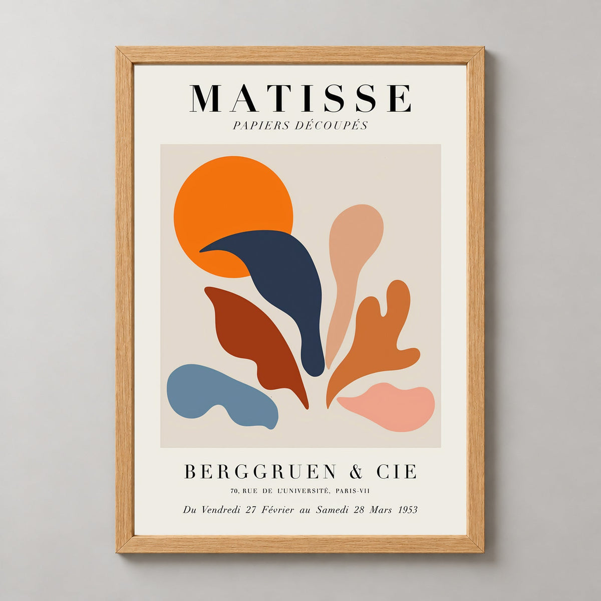 Coral Over Sun, Modernist Henri Matisse Print — realistic natural wood frame studio view
