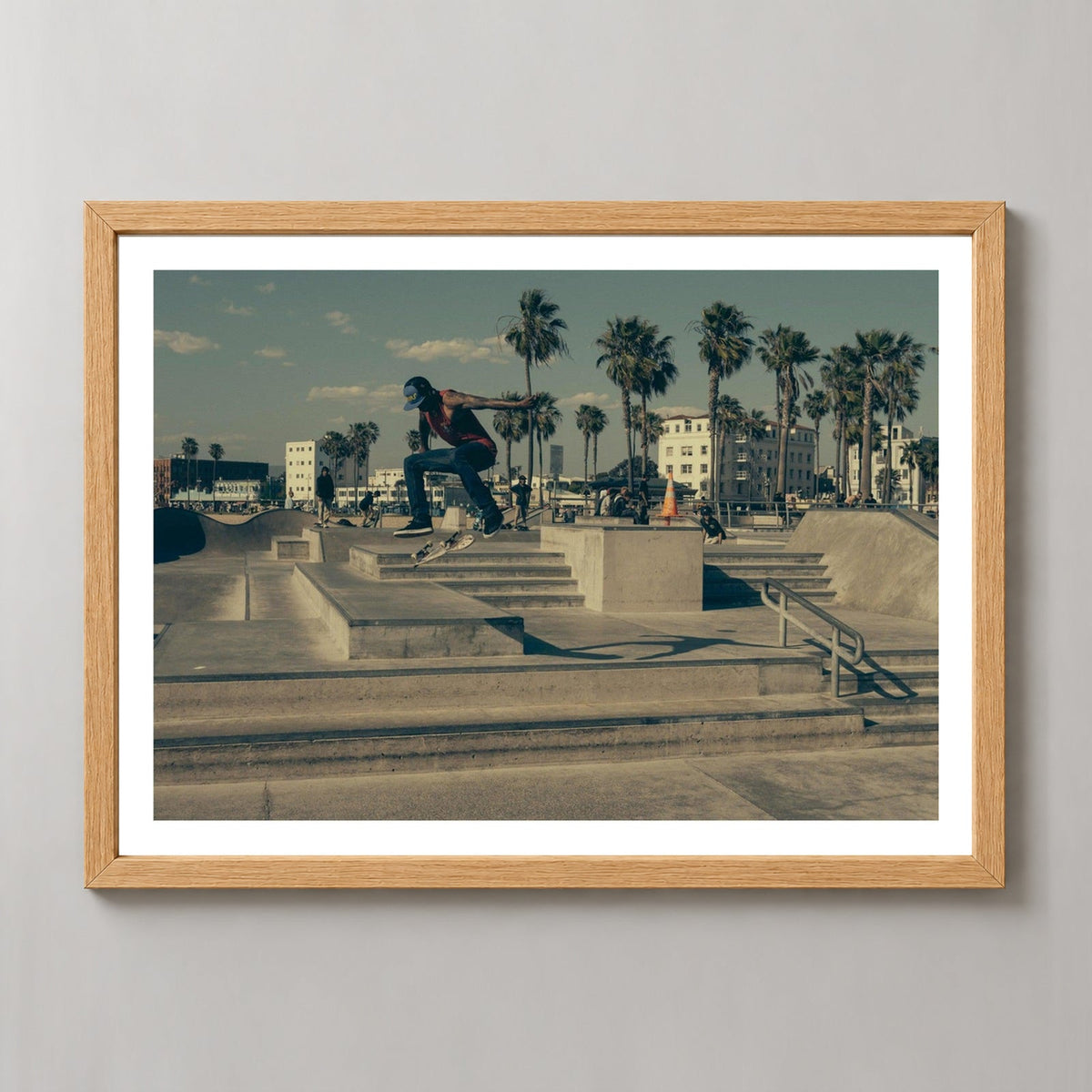 Skate Tricks | Skateboarding Photograph — realistic natural wood frame studio view with white border