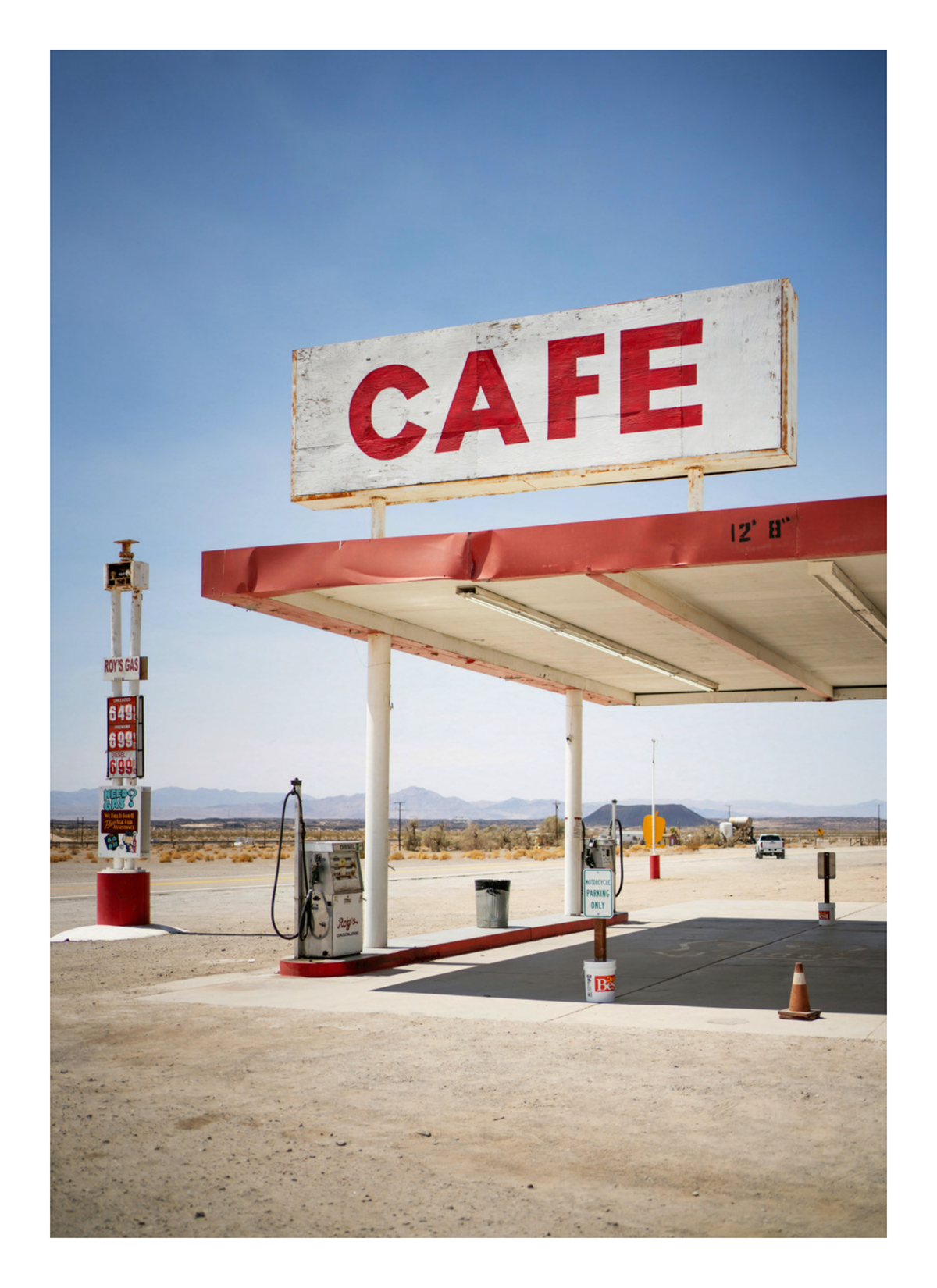 Retro Desert Cafe and Gas Station Art Print — poster only, complete unframed artwork with white border