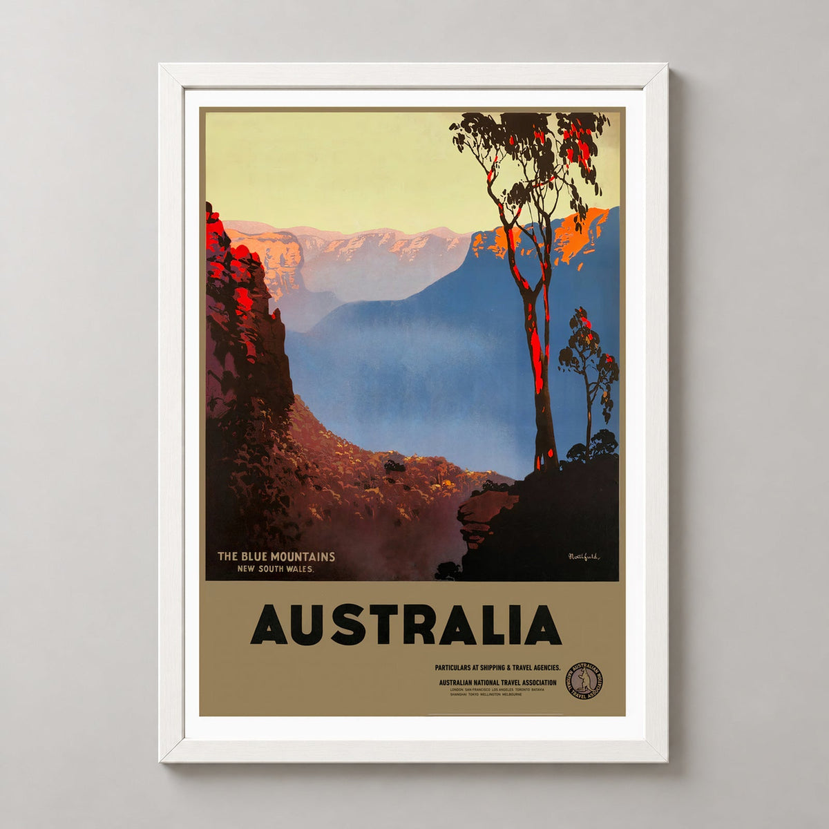 Blue Mountains NSW Vintage Australian Travel Poster — realistic white frame studio view
