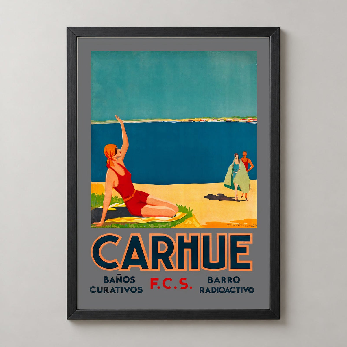 Carhué Argentina Vintage Travel Poster - Beautiful Seaside Town Art Print — realistic black frame studio view