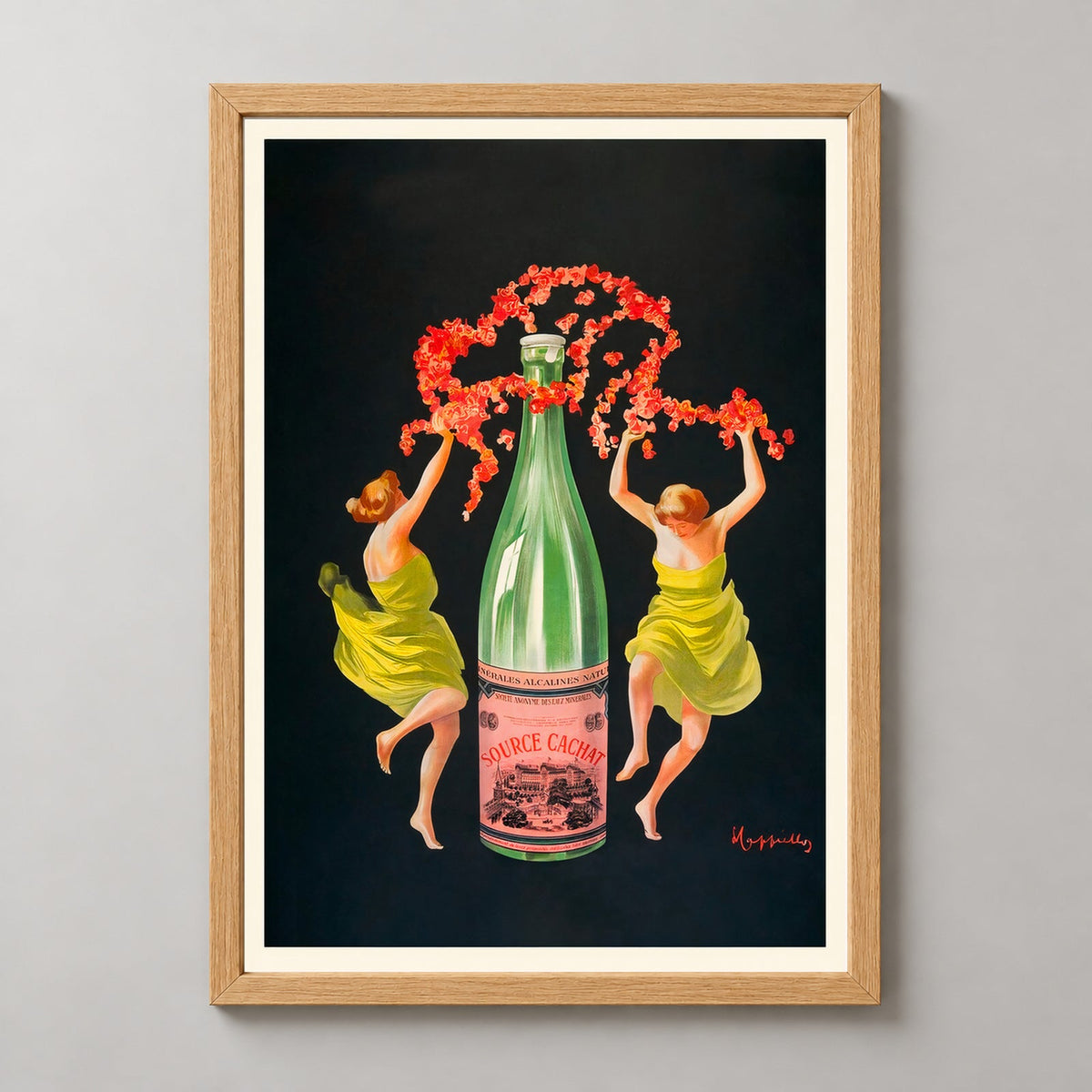 Evian Cachat Mineral Water Vintage Advertising Poster by Leonetto Cappiello — realistic natural wood frame studio view