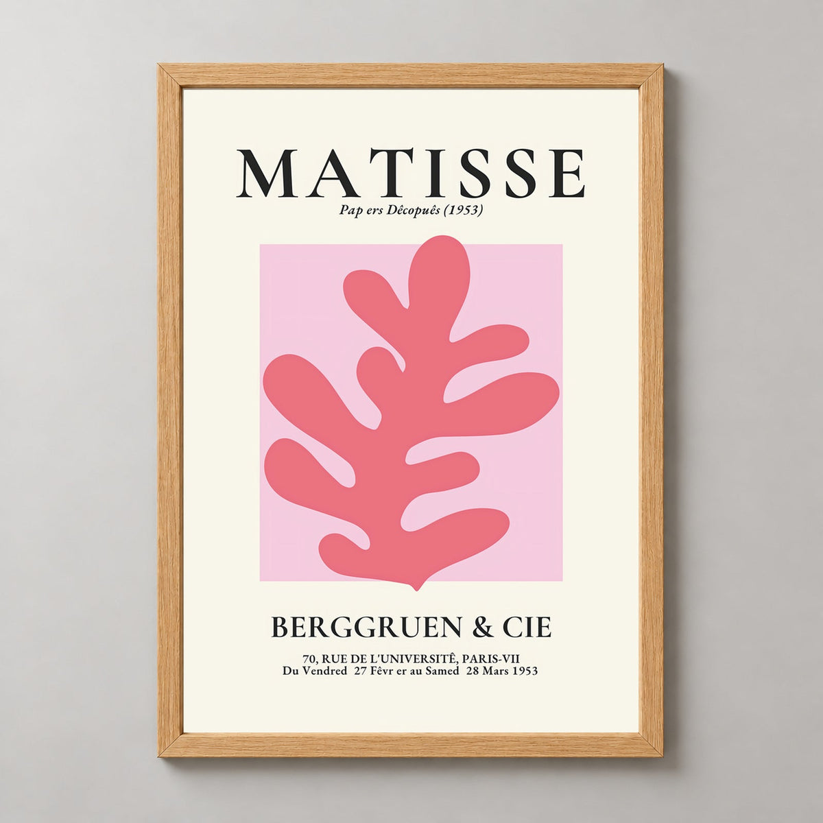 Henri Matisse Exhibition Print at Berggruen & Cie (Pink I) — realistic natural wood frame studio view