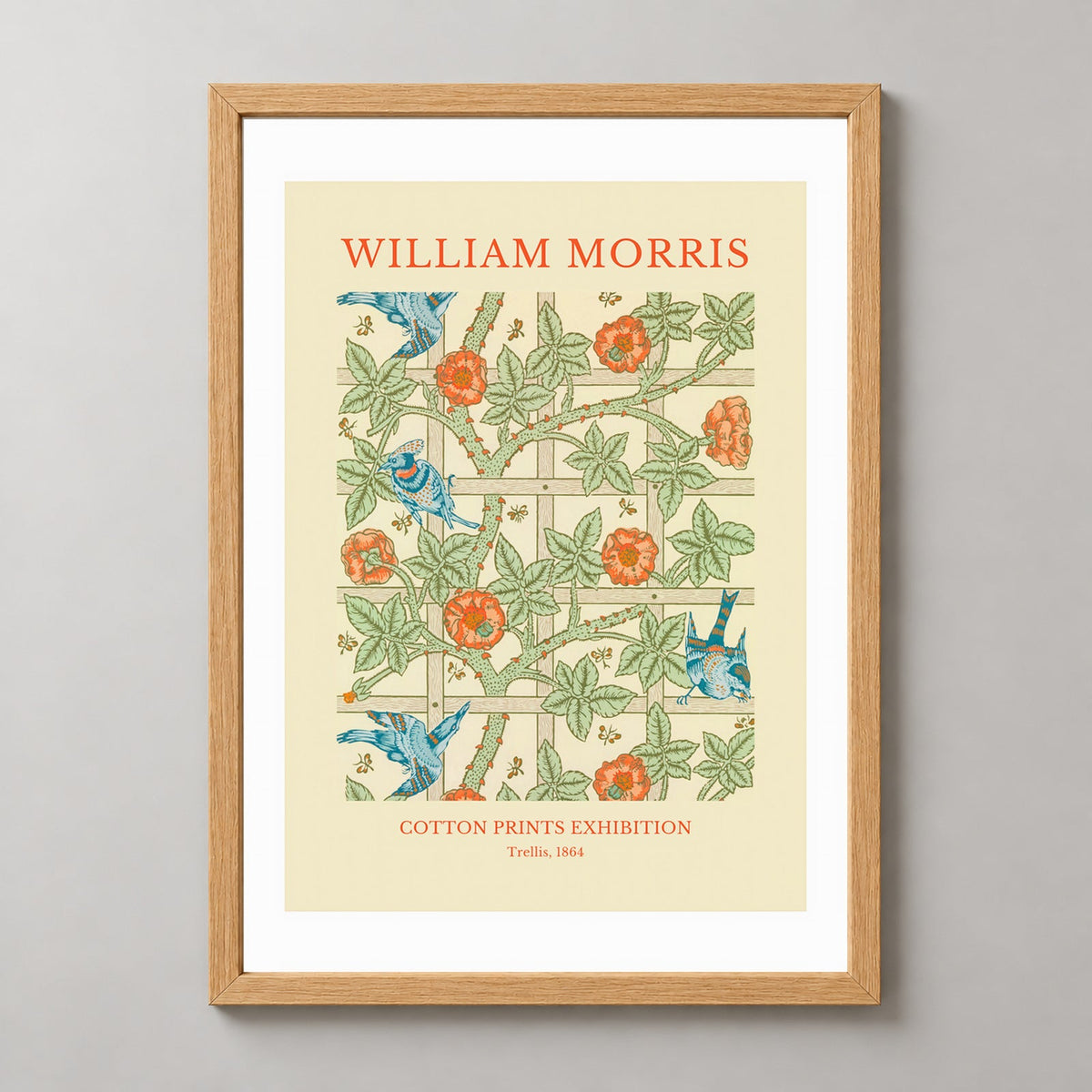 William Morris - Cotton Prints Exhibition, Trellis (1864) — realistic natural wood frame studio view