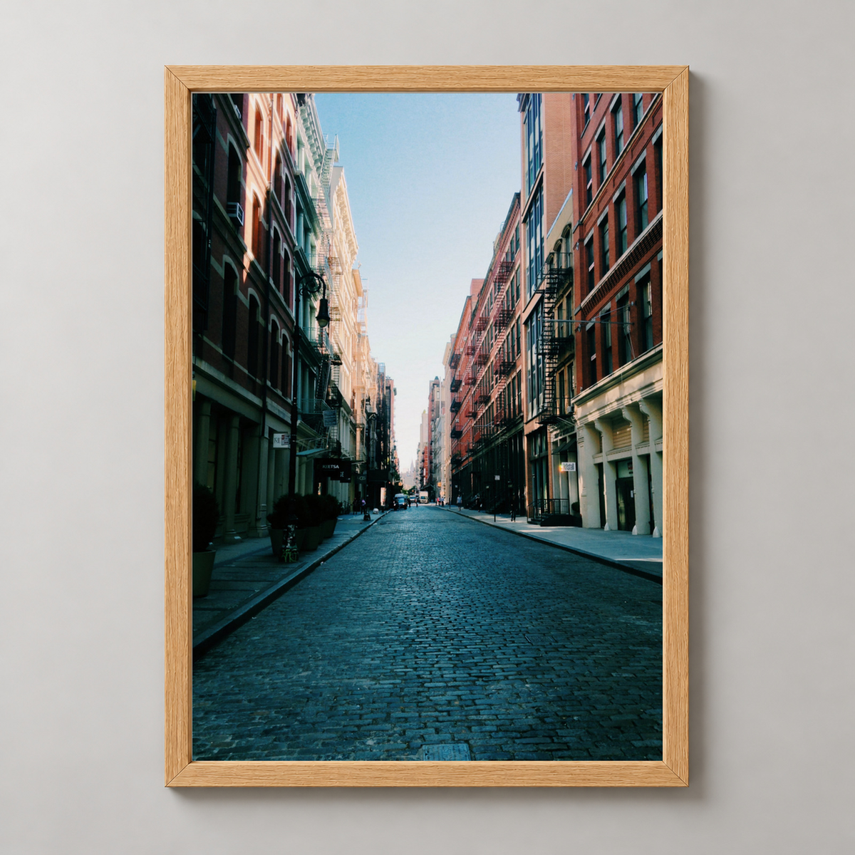 Urban Street View - Architectural Photography Art Print — realistic natural wood frame studio view