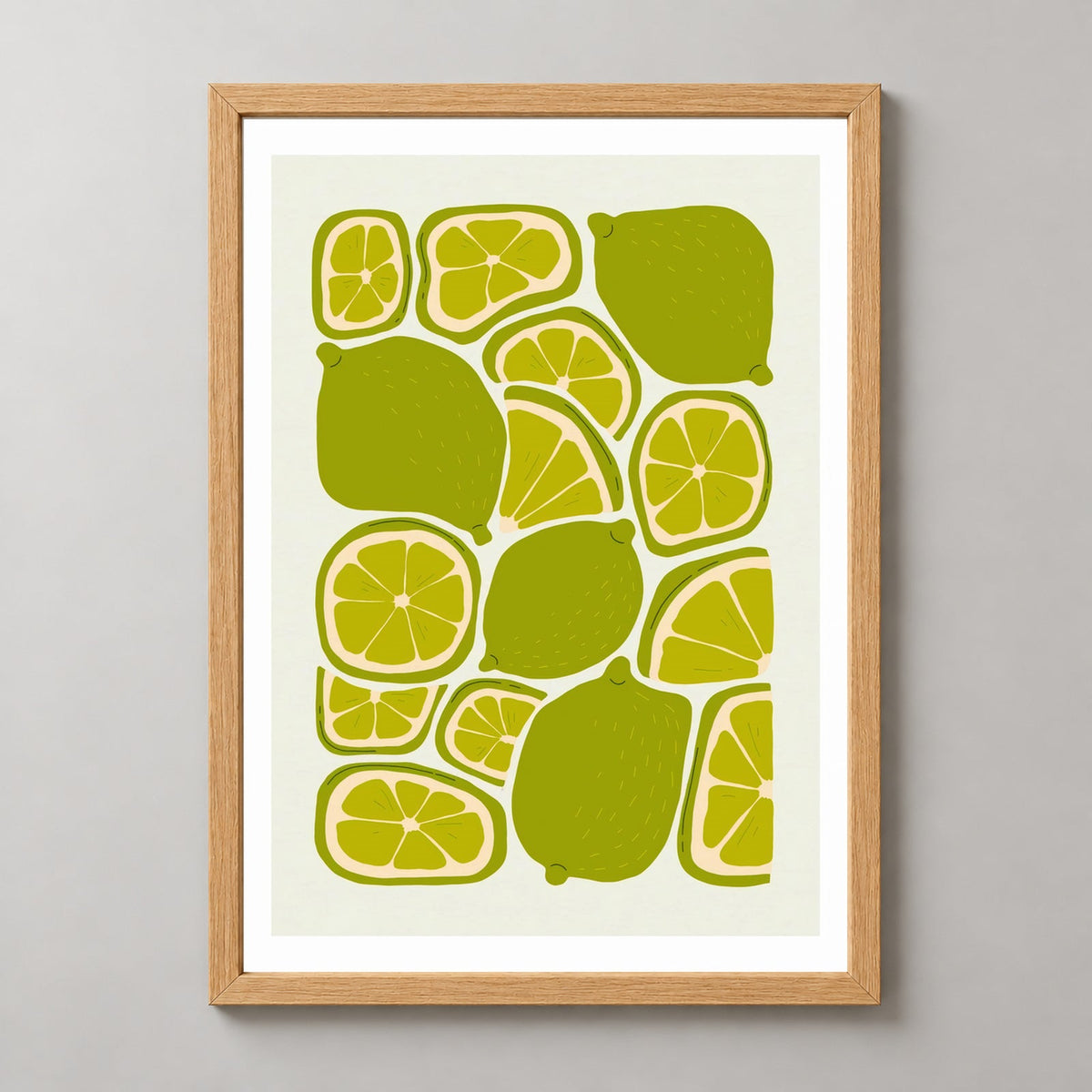 Lime Print  | Abstract Fruit Collection | Kitchen Wall Art — realistic natural wood frame studio view
