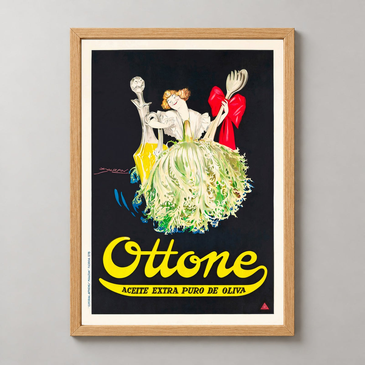 Ottone Extra Pure Olive Oil Vintage Poster - Kitchen Wall Art — realistic natural wood frame studio view