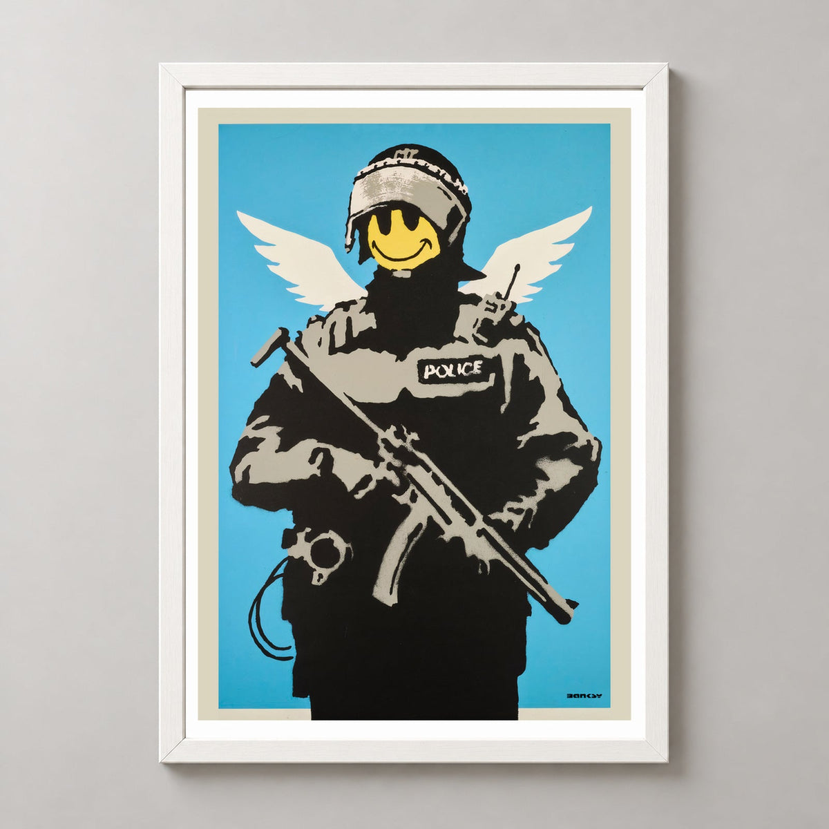 Banksy Flying Copper, 2003 — realistic white frame studio view