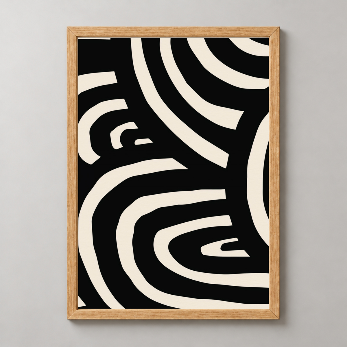 Modern Abstract Monochrome Line Art Print — realistic natural wood frame studio view
