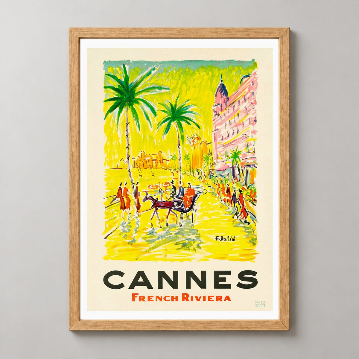 Cannes Vintage Travel Poster: Explore the Glamour of French Riviera — realistic natural wood frame studio view