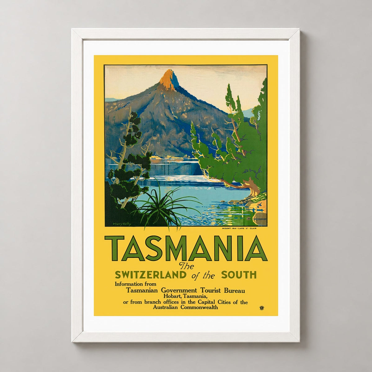 Tasmania The Switzerland of the South Vintage Travel Poster — realistic white frame studio view