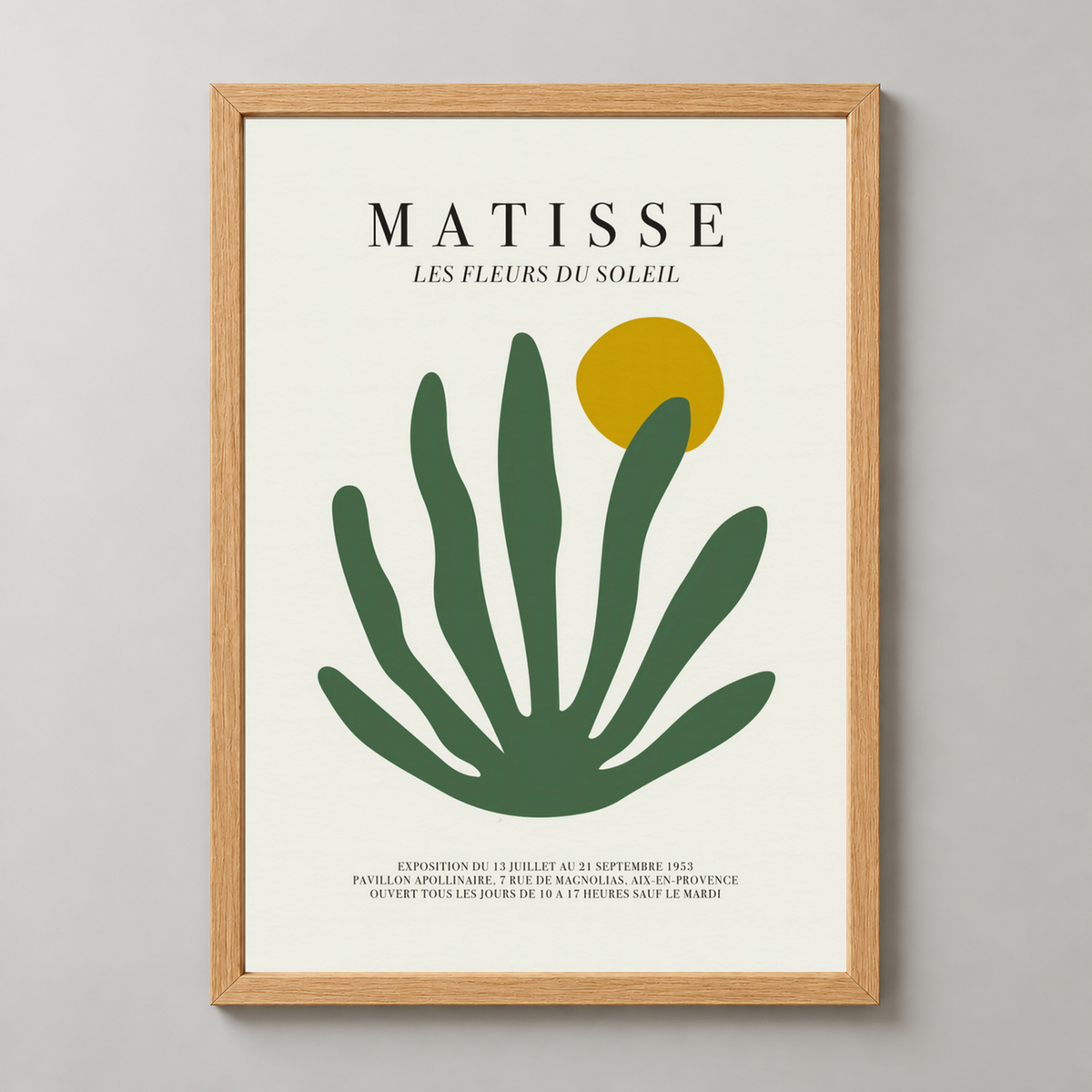 Matisse's Les Fleurs du Soleil - Elegant Botanical Art Print — realistic natural wood frame studio view