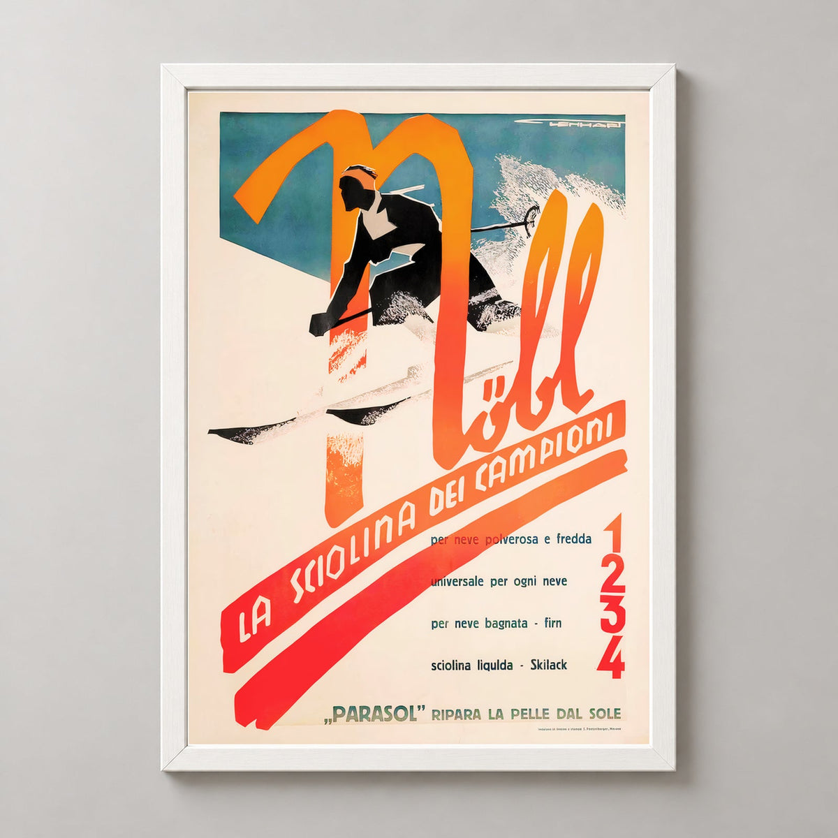 Nobl School of Champions Italy Vintage Ski Poster - Framed/Unframed — realistic white frame studio view