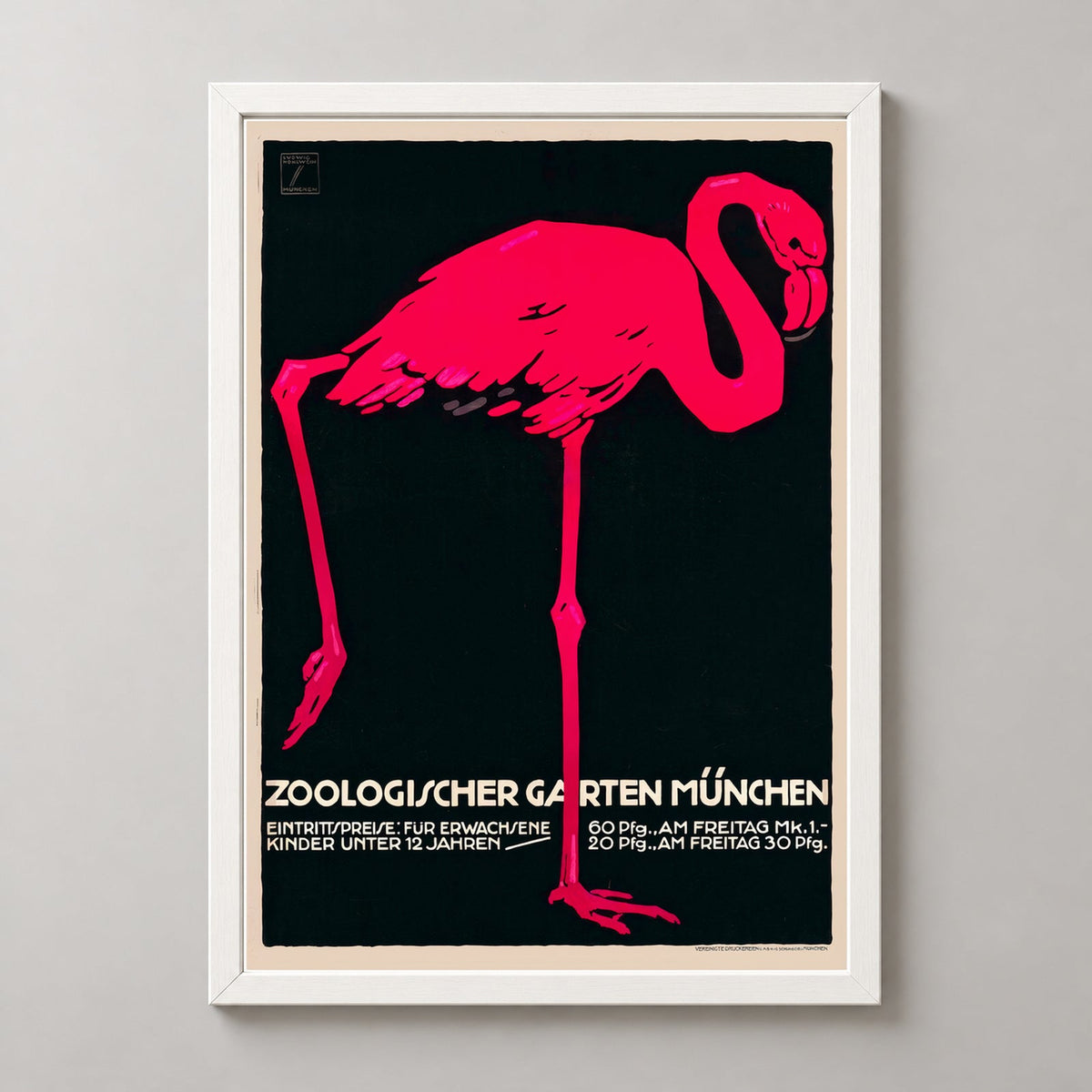 Munich Zoo Pink Flamingo Vintage Poster by Ludwig Holhwein — realistic white frame studio view