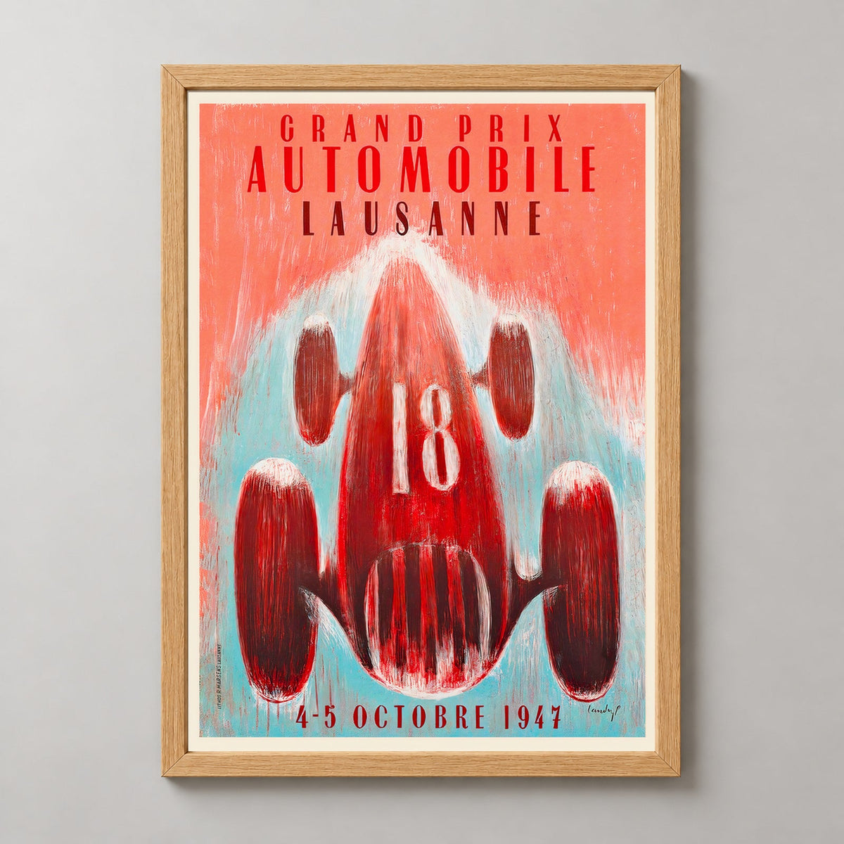 Grand Prix Automobile Lausanne 1947 Vintage Racing Poster — realistic natural wood frame studio view