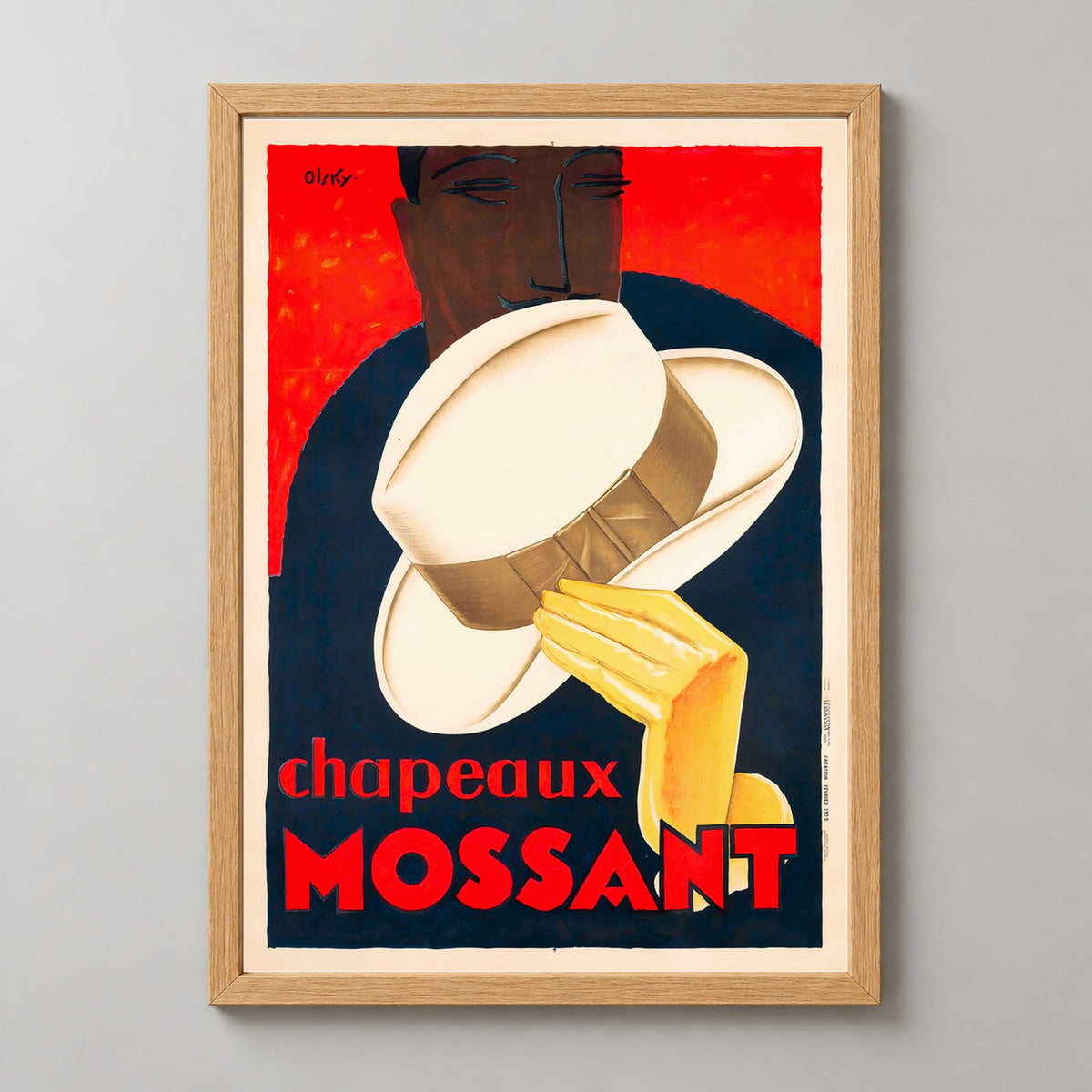 Chapeaux Mossant Vintage Advertising Poster by Olsky 1928 — realistic natural wood frame studio view
