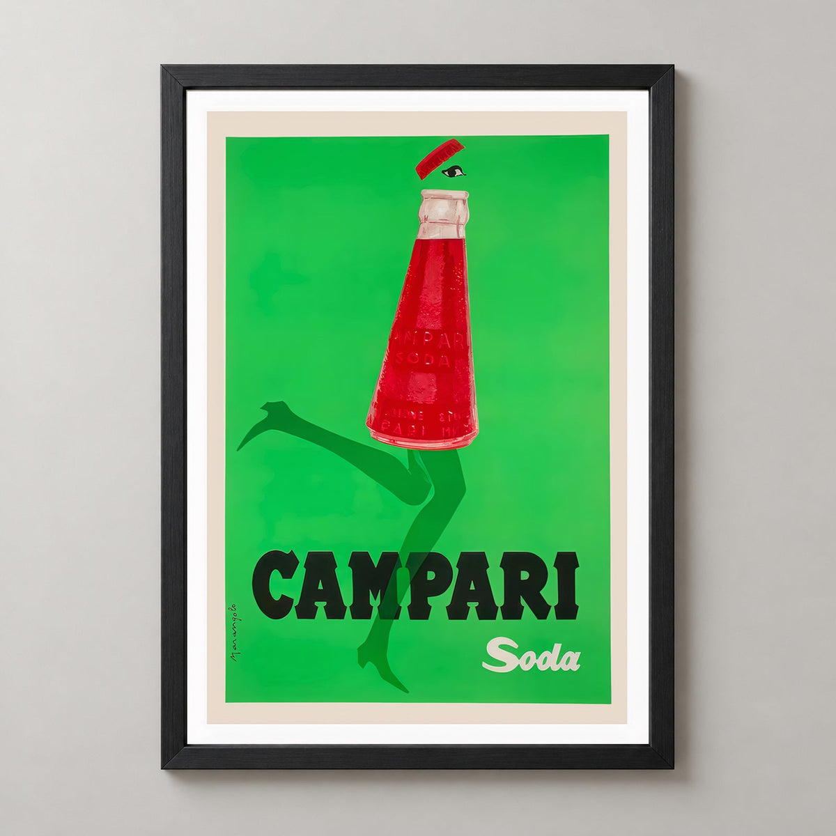 Campari Poster - Red bottle running, with green legs - Vintage Advertising Poster — realistic black frame studio view
