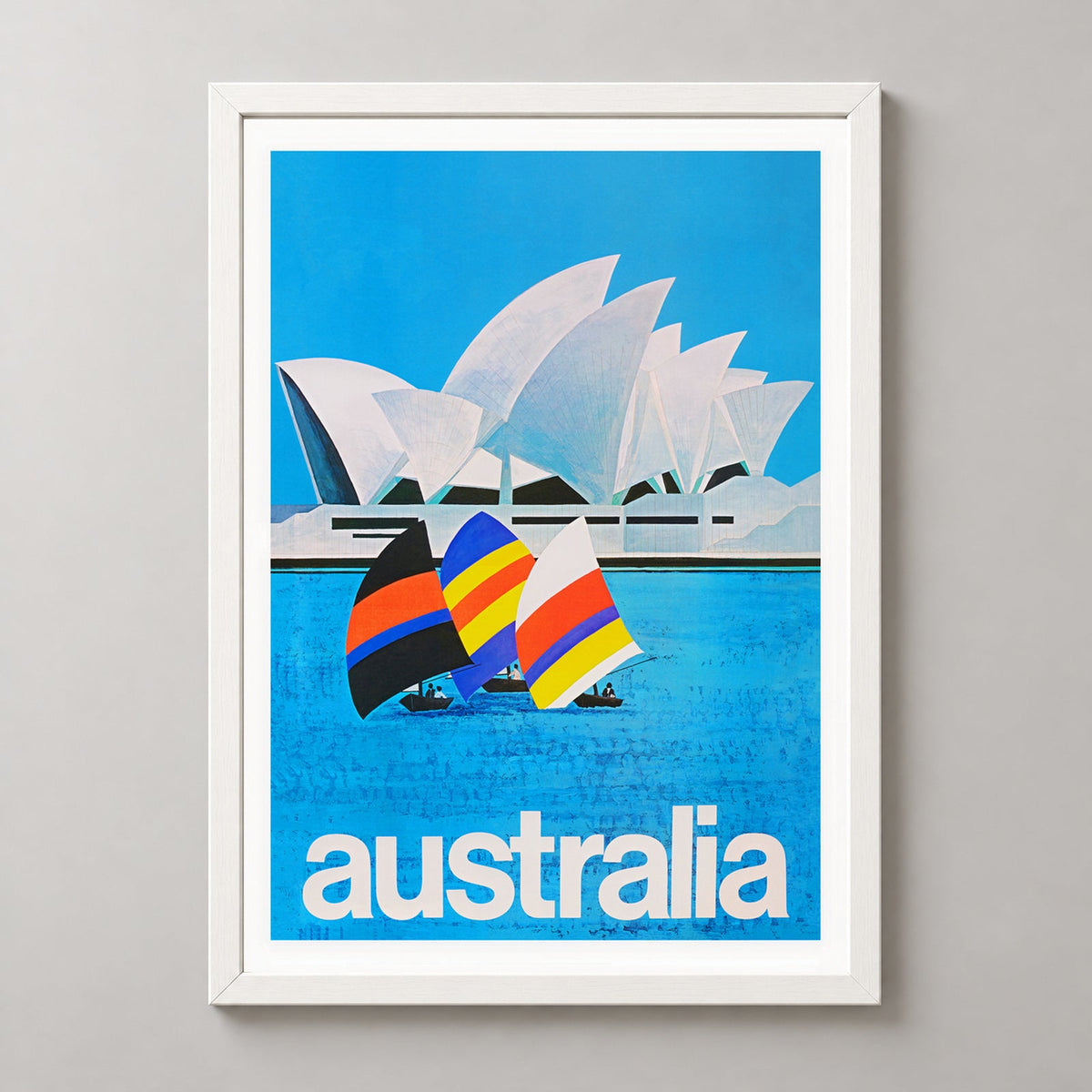 Sydney Harbour Vintage Travel Poster - Retro Australian Art Print — realistic white frame studio view