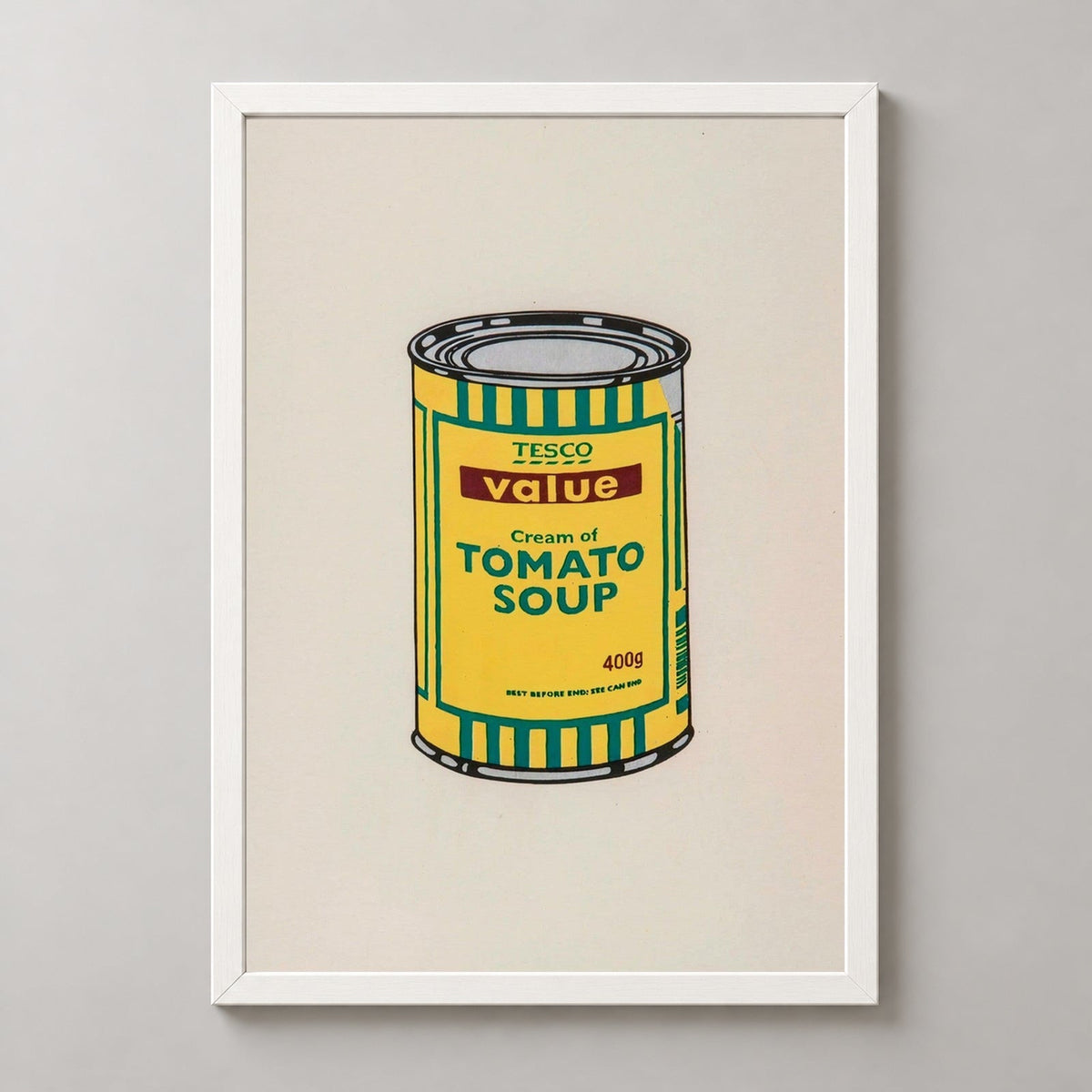 Banksy Soup Can Yellow Emerald Brown, 2006 — realistic white frame studio view