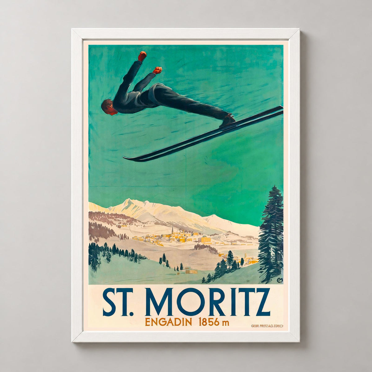 St. Moritz Engadin Switzerland Vintage Aerial Ski Poster — realistic white frame studio view