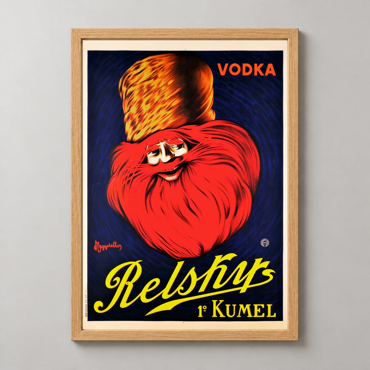 Vodka Relshirs Kumel Vintage Alcohol Advertising Poster — realistic natural wood frame studio view