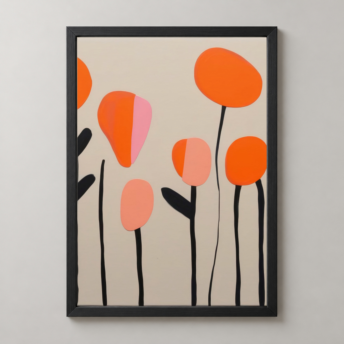 Modern Floral Abstract Art Print - Bright Blossoms — realistic black frame studio view
