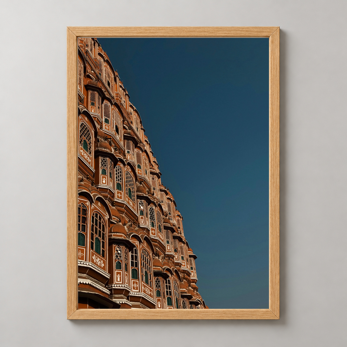 Hawa Mahal Jaipur - Architectural Marvel Art Print — realistic natural wood frame studio view