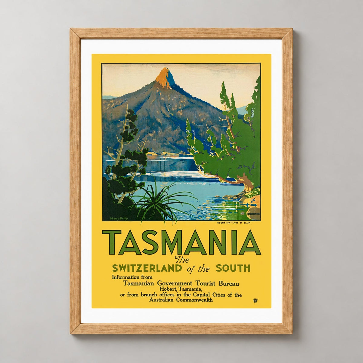 Tasmania The Switzerland of the South Vintage Travel Poster — realistic natural wood frame studio view