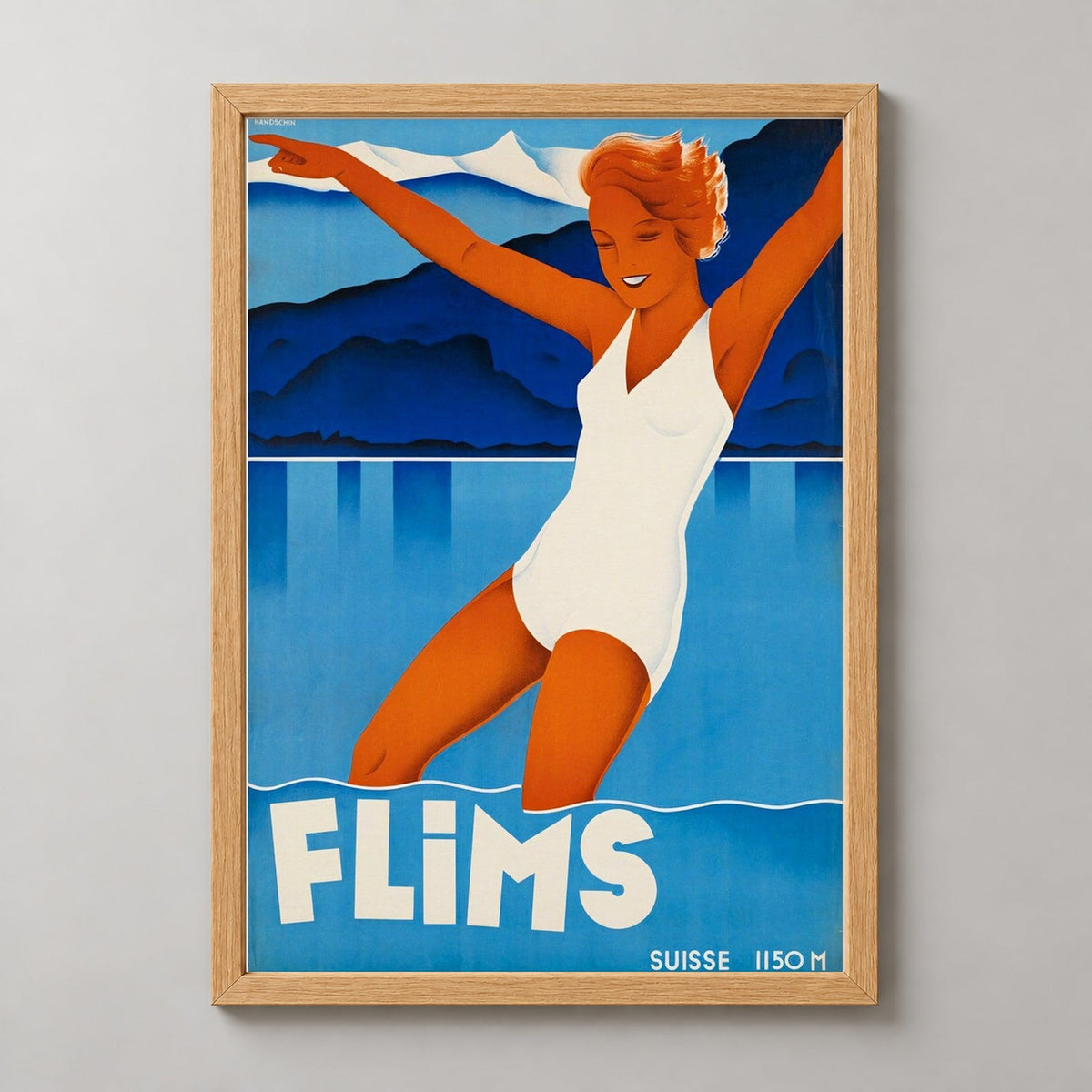 Switzerland Flims European Travel Vintage Travel Poster — realistic natural wood frame studio view