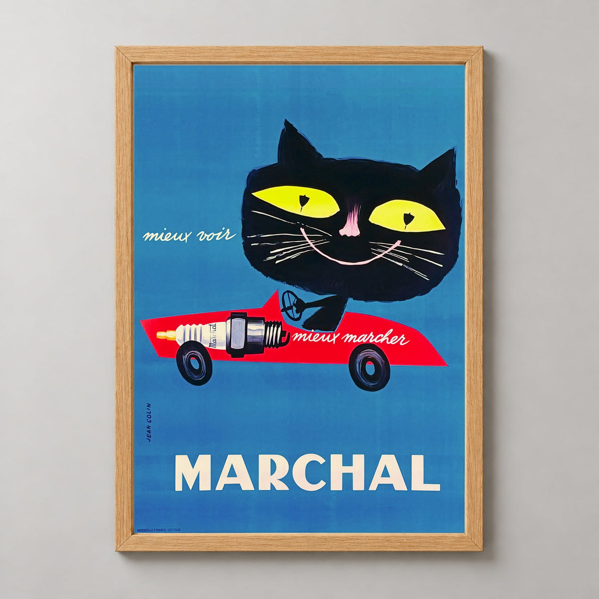Marchal Cat Spark Plug Vintage Advertising Poster by Jean Colin — realistic natural wood frame studio view