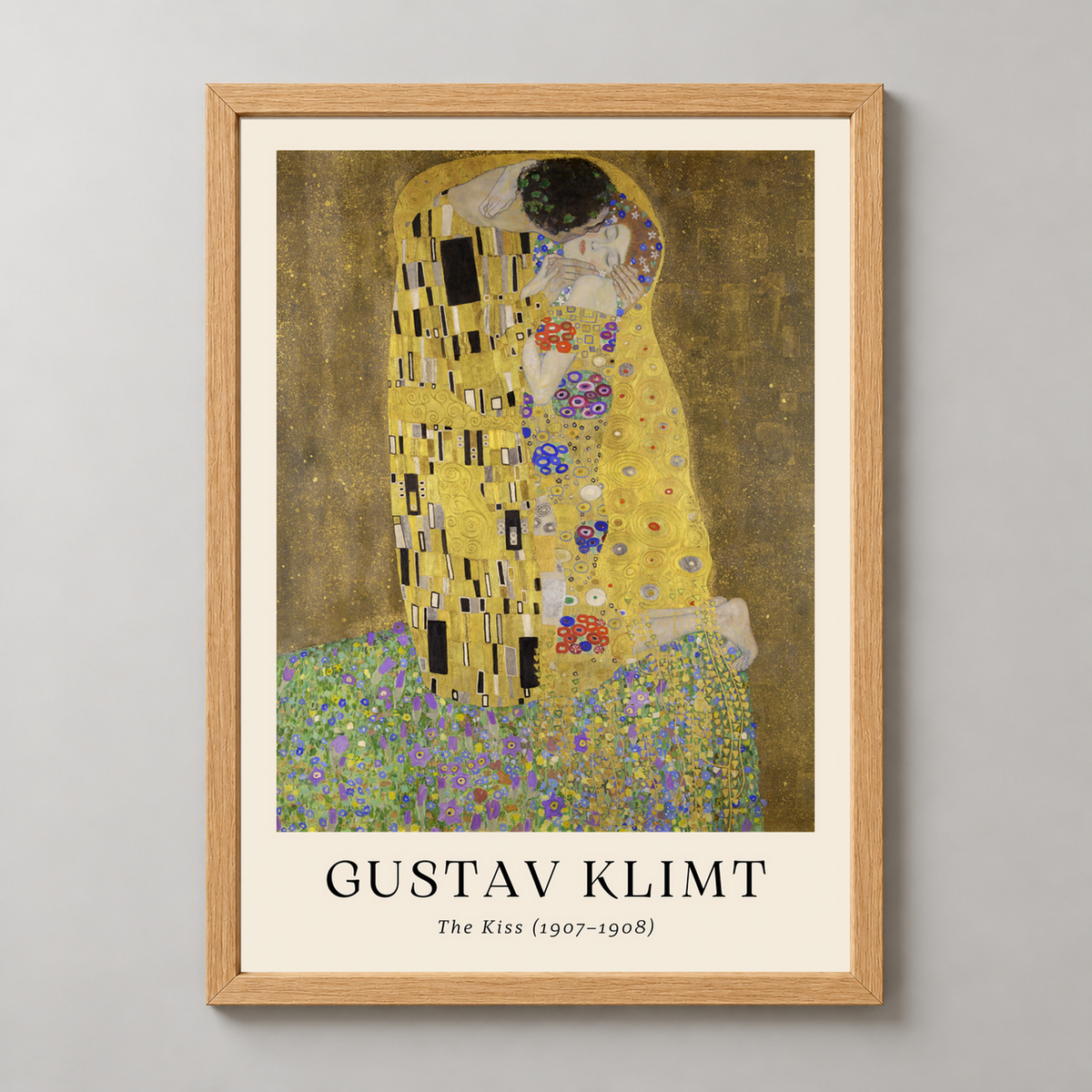 Gustav Klimt's The Kiss - Iconic Symbolist Art Print — realistic natural wood frame studio view