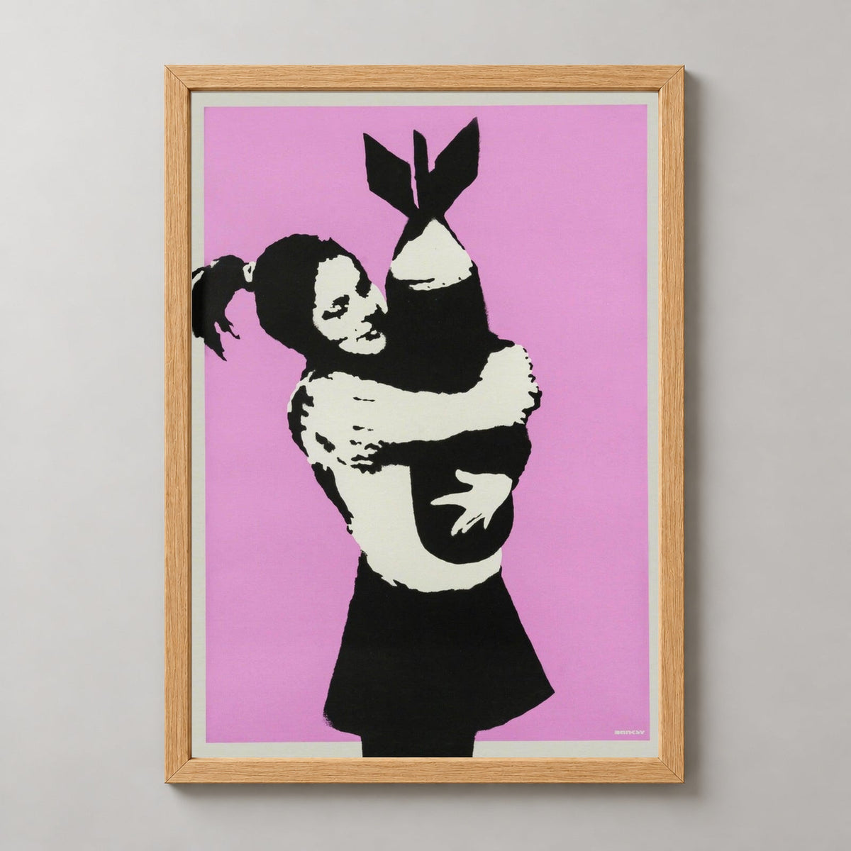 Banksy Bomb Hugger, 2003 — realistic natural wood frame studio view
