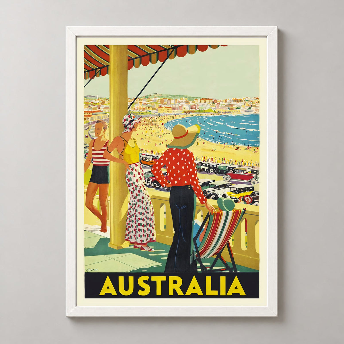 Bondi Beach Summer Vintage Australian Travel Poster — realistic white frame studio view