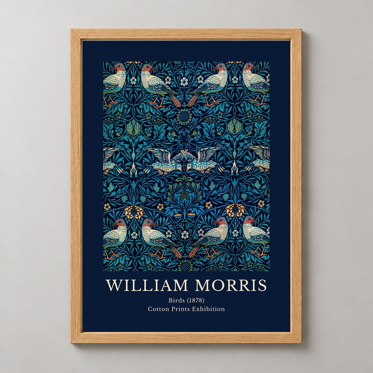 William Morris - Cotton Prints Exhibition, Birds (1878) — realistic natural wood frame studio view