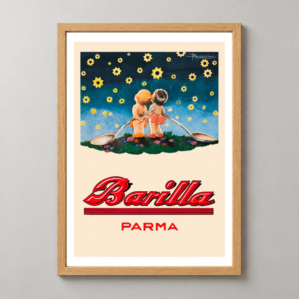 Barilla Parma Star Gazing Vintage Advertising Poster — realistic natural wood frame studio view