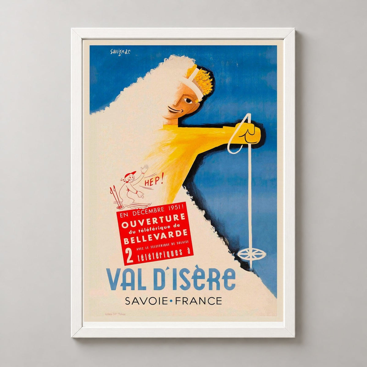 Vald'Isere Auvergne Rhone Alpes Region France Vintage Ski Poster — realistic white frame studio view