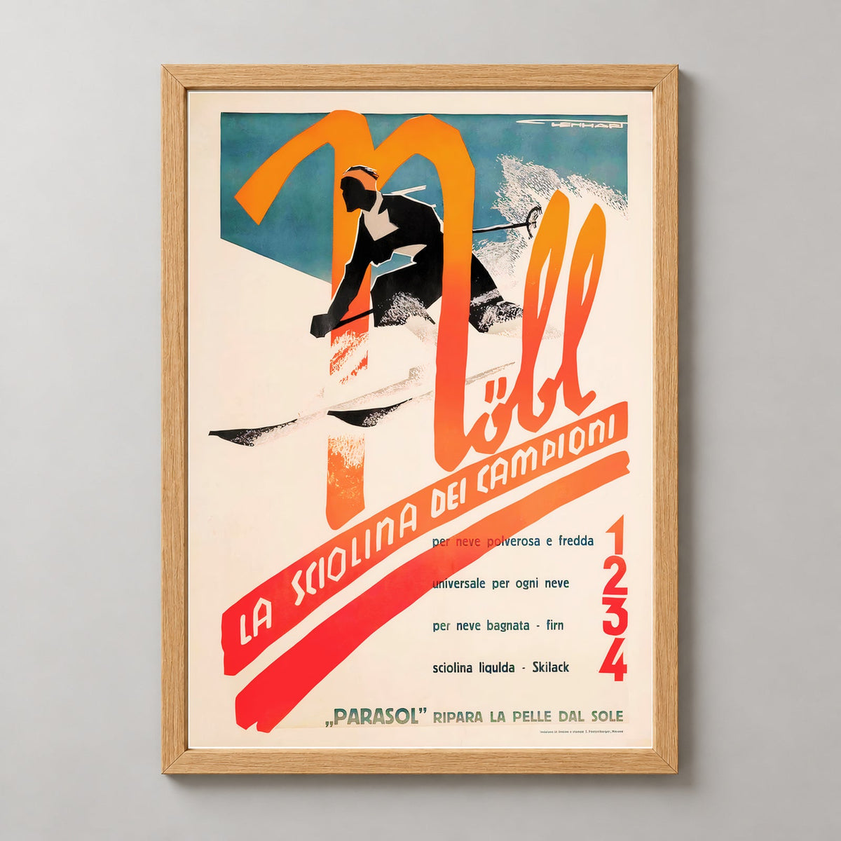 Nobl School of Champions Italy Vintage Ski Poster - Framed/Unframed — realistic natural wood frame studio view