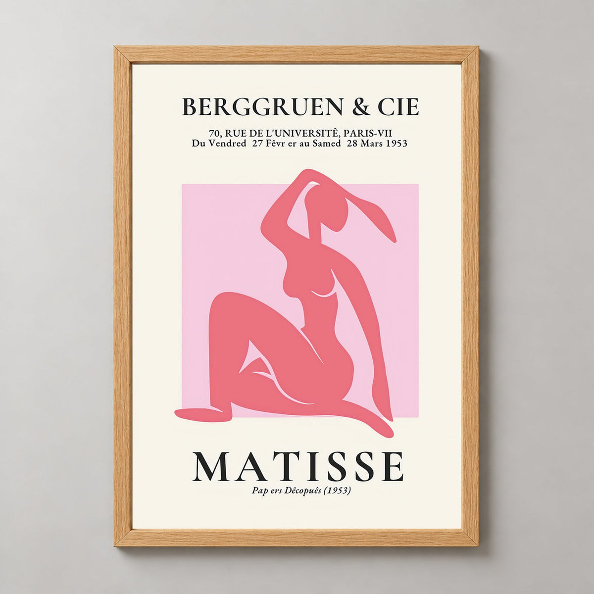 Henri Matisse Vintage Print exhibition at Galerie Berggruen & Cie — realistic natural wood frame studio view