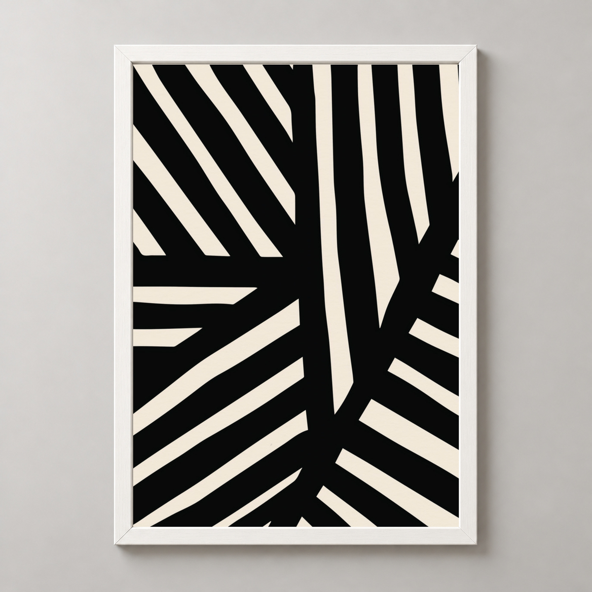 Bold Black and White Abstract Art Print — realistic white frame studio view