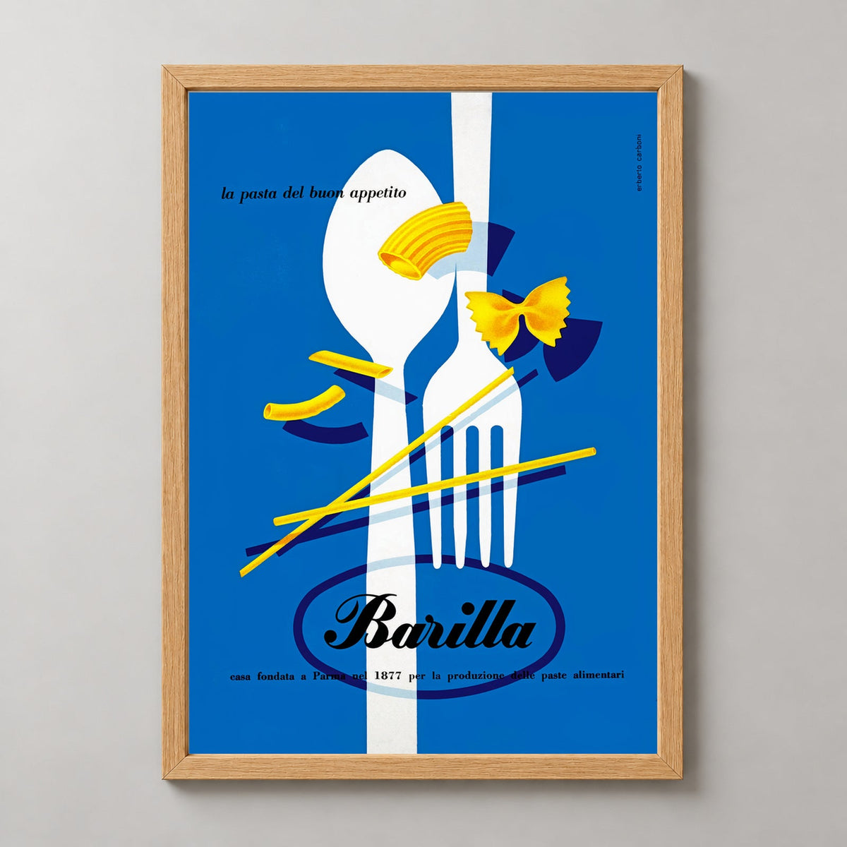 Barilla Vintage Advertising Poster - Kitchen Wall Art — realistic natural wood frame studio view