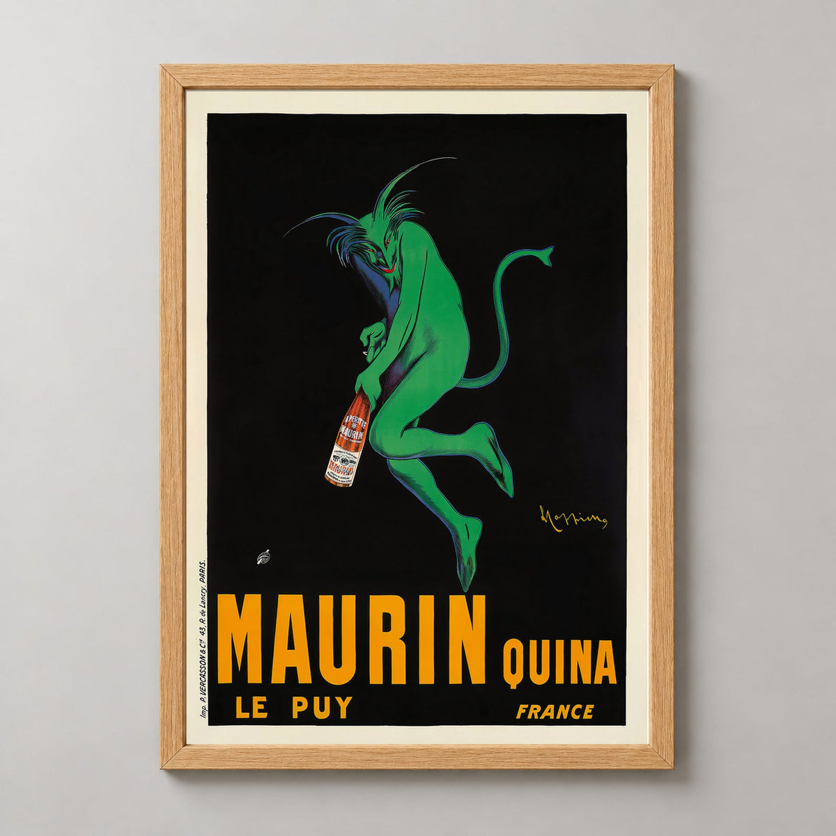Maurin Quina Le Puy Liqueur Vintage Advertising Poster by Leonetto Cappiello — realistic natural wood frame studio view