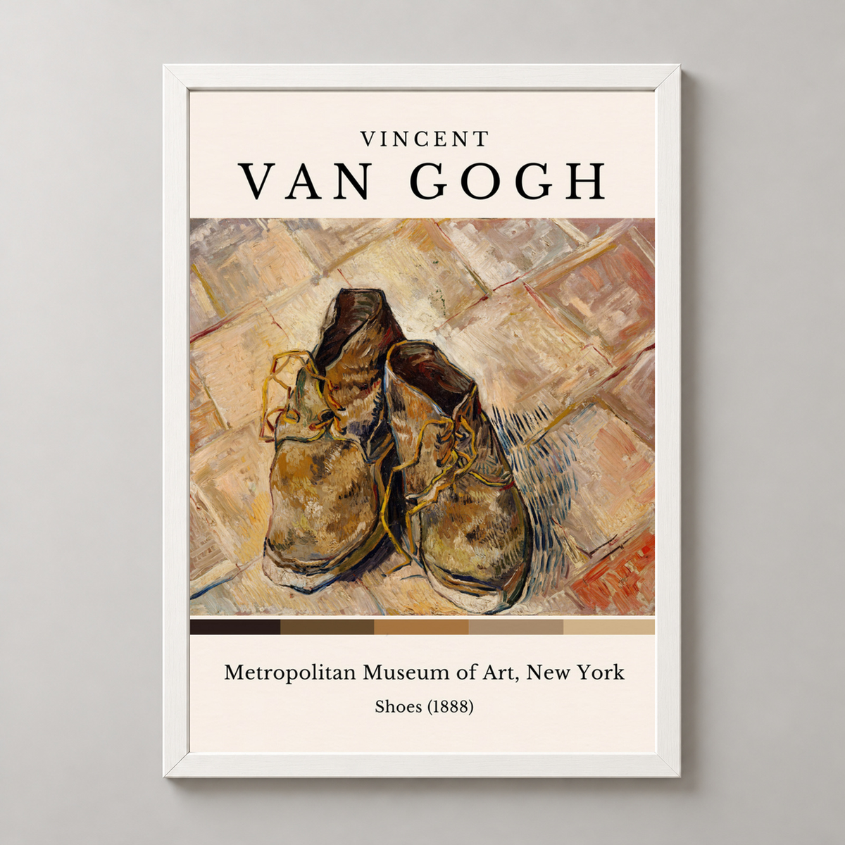 Van Gogh's Shoes - Iconic Post-Impressionist Art Print — realistic white frame studio view