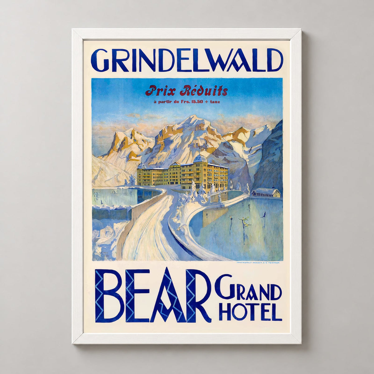 Bear Grand Hotel Grindelwald Switzerland Vintage Travel Poster — realistic white frame studio view