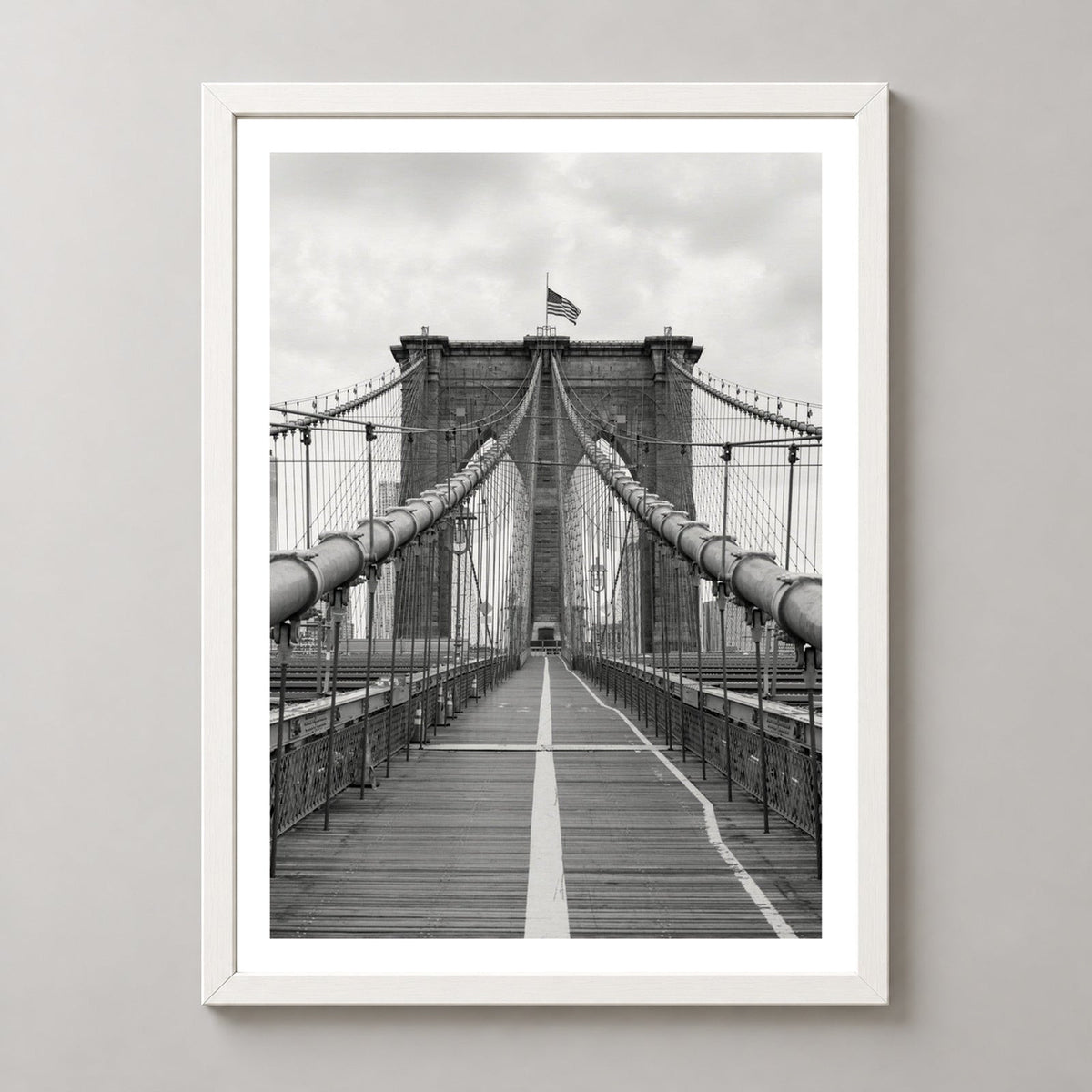 Brooklyn Bridge Black and White - Fine Art Photography — realistic white frame studio view with white border