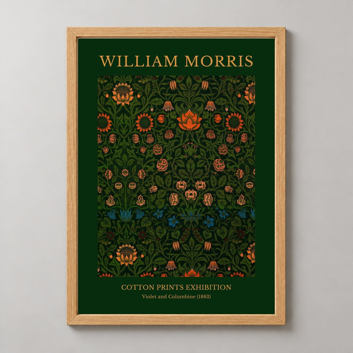 William Morris - Cotton Prints Exhibition, Violet and Columbine (1883) — realistic natural wood frame studio view